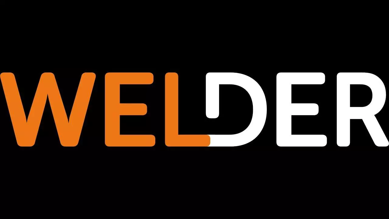 WELDER logo oranje en witte letters op een zwarte achtergrond