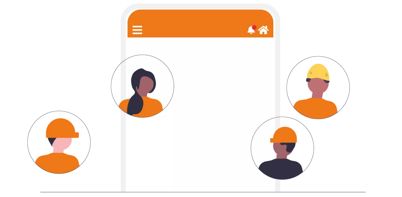 Icon van een mobiel met profielen van bouwmedewerkers